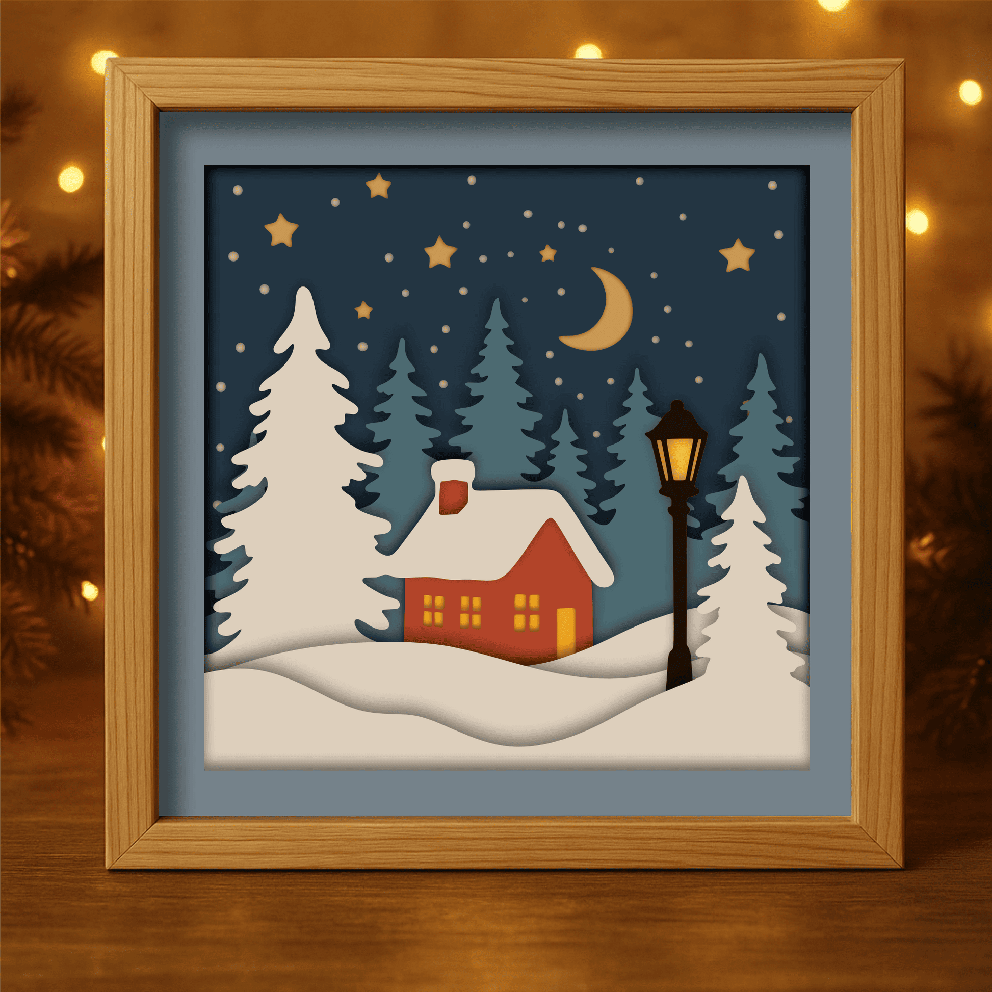 Winter 3D Shadow Box SVG DXF PDF EPS template with snowy house