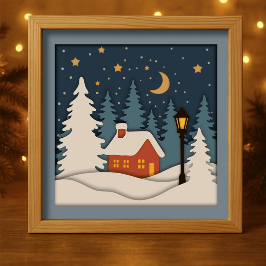Winter 3D Shadow Box SVG DXF PDF EPS template with snowy house