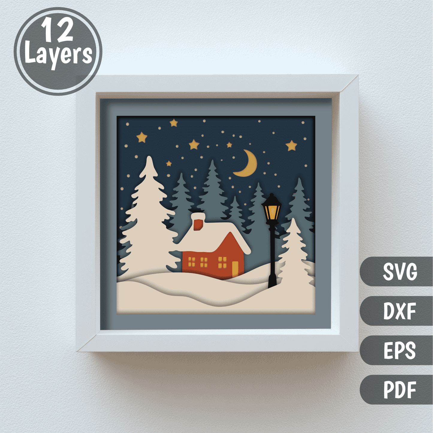 Cozy cottage winter night 3D shadow box design with stars and moon