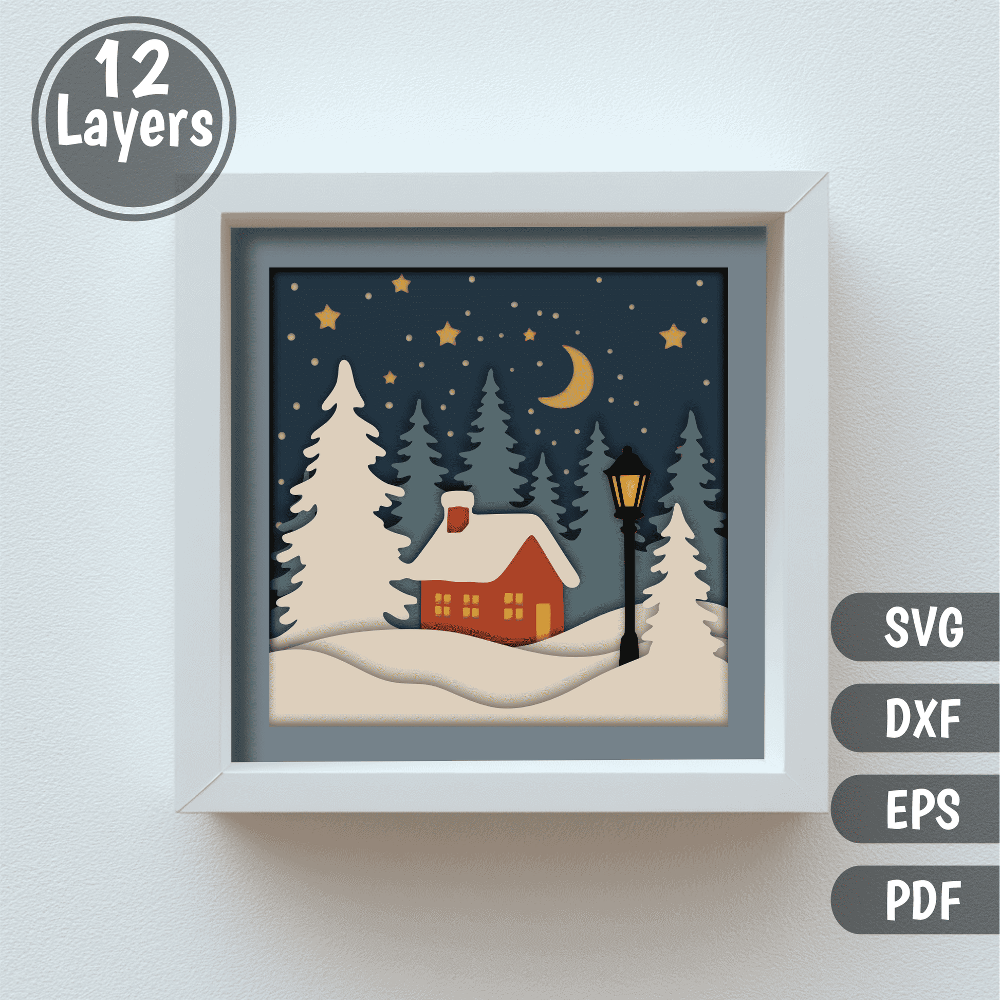 Cozy cottage winter night 3D shadow box design with stars and moon