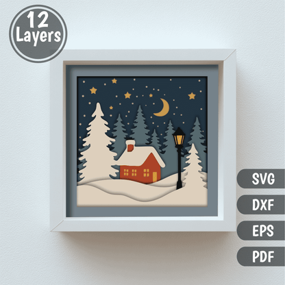 Cozy cottage winter night 3D shadow box design with stars and moon