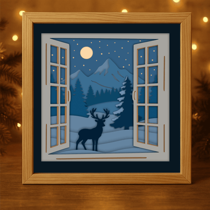 Deer in winter mountains 3D shadow box layered SVG DXF PDF EPS