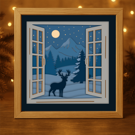 Deer in winter mountains 3D shadow box layered SVG DXF PDF EPS