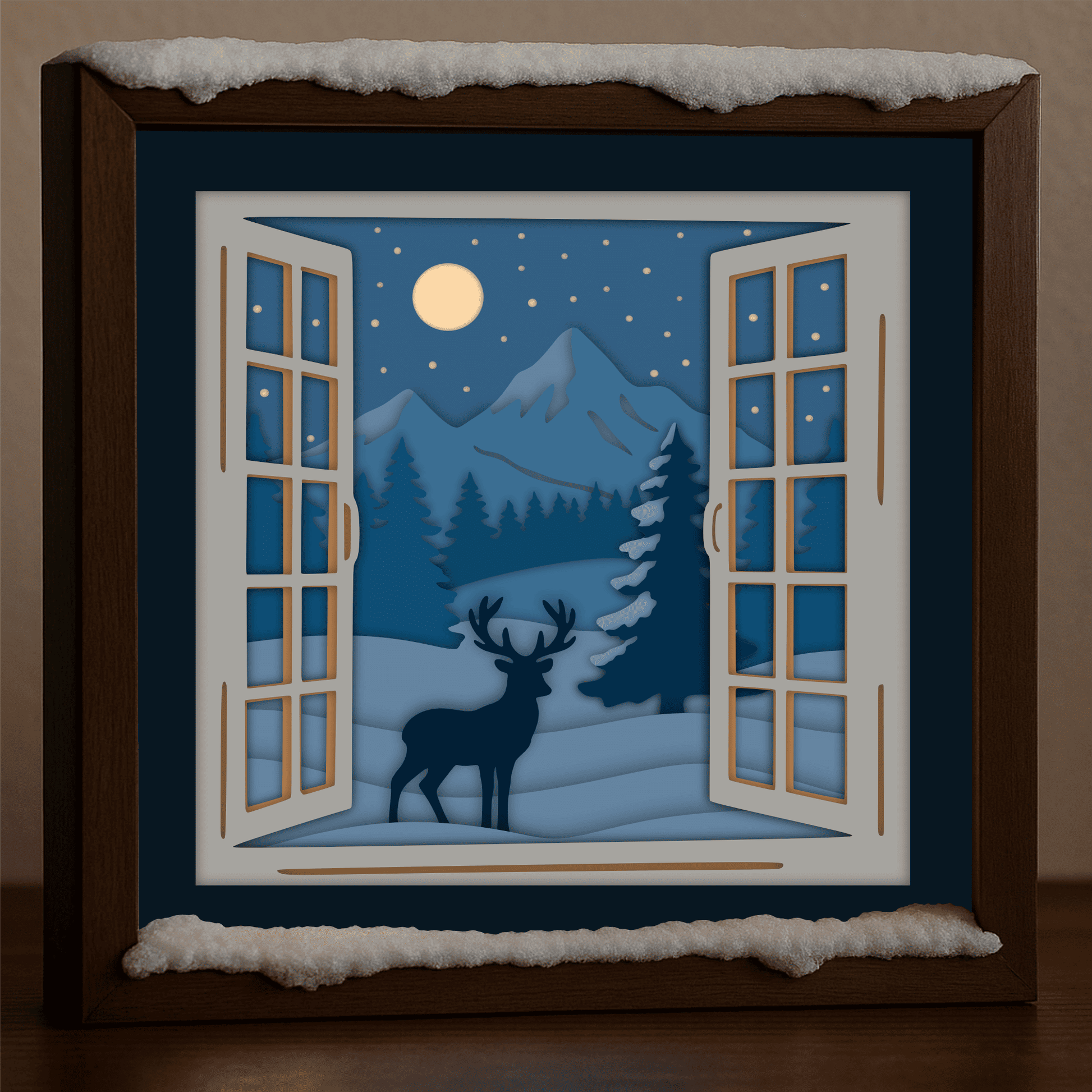 Layered shadow box template of deer, mountains, and pine trees