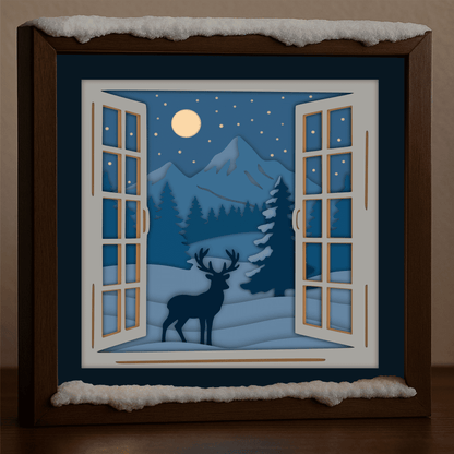 Layered shadow box template of deer, mountains, and pine trees
