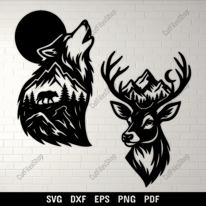 Wolf and deer SVG DXF PNG with mountain and forest design