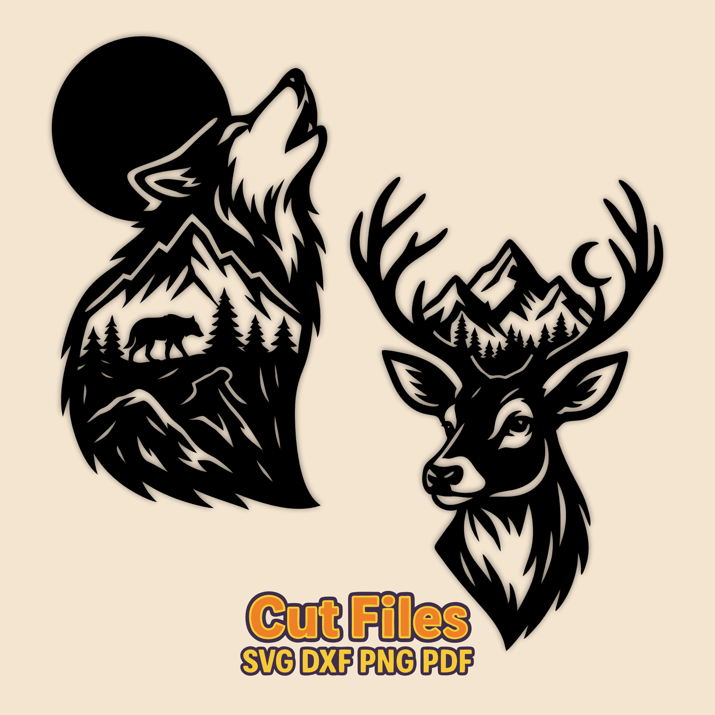 Wildlife wolf deer SVG DXF for CNC and plasma cutting