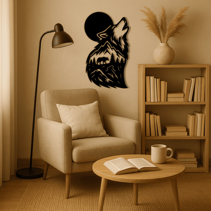 Howling wolf silhouette with forest and moon for CNC laser cutting