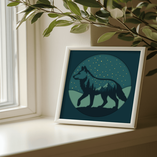 Wolf silhouette forest mountain paper cut design for Cricut