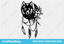 Load image into Gallery viewer, Wolf art svg for t-shirt designs, dxf files for laser engraving, dxf cnc files for laser, plasma cutting, floral wolf svg, wolf with feathers svg, wolf vector art download, wolf png for sublimation, wolf vector for engraving
