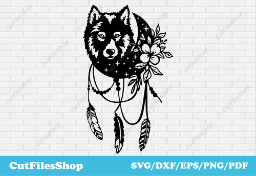 Wolf art svg for t-shirt designs, dxf files for laser engraving, dxf cnc files for laser, plasma cutting, floral wolf svg, wolf with feathers svg, wolf vector art download, wolf png for sublimation, wolf vector for engraving