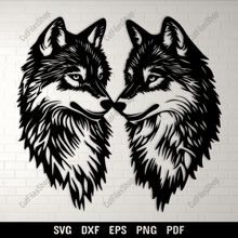 Load image into Gallery viewer, Wolves SVG DXF Cutting Files for Cricut &amp; CNC, Silhouette Wolf Design, Sublimation Sweatshirt Art, DIY Wall Decor
