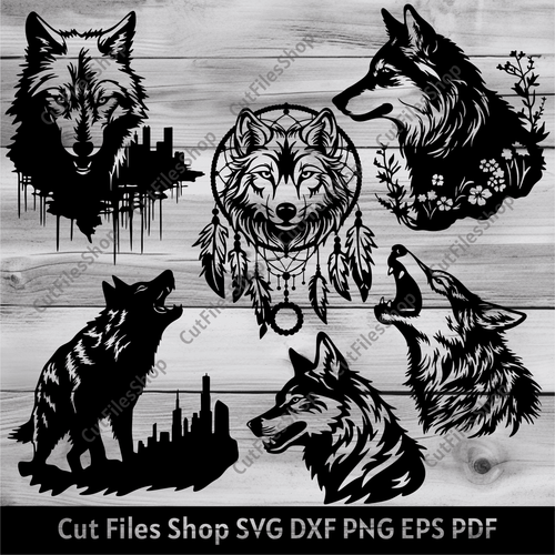 Wolf svg files, dream catcher wolf svg, floral wolf dxf svg, wolf cricut, wolf dxf for laser cut, cnc cutting files, wolf wall decor dxf, wolf dxf for plasma, wolf clipart, wolf t-shirt design, wolf cnc design, head wold dxf