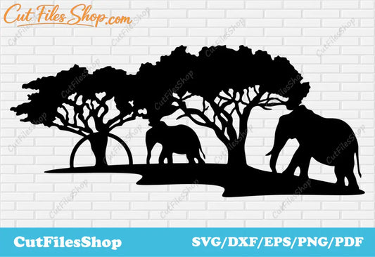 African animals scene dxf files, Cut Files for Laser, Elephants svg for cricut, Wildlife scene dxf - Cut Files Shop