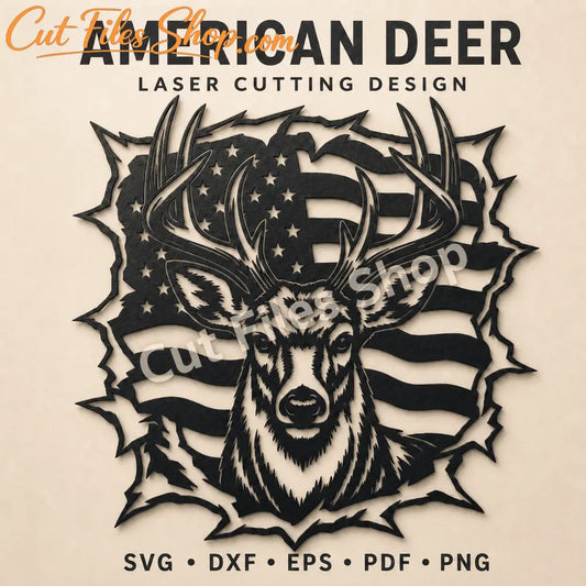 American deer SVG and DXF design featuring a whitetail buck and USA flag
