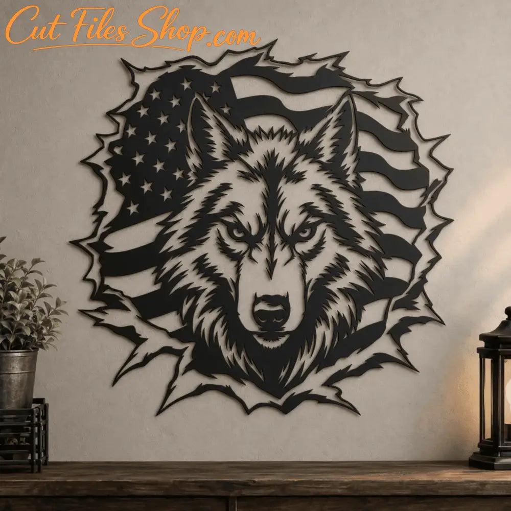 American flag wolf design for CNC laser and plasma cutting