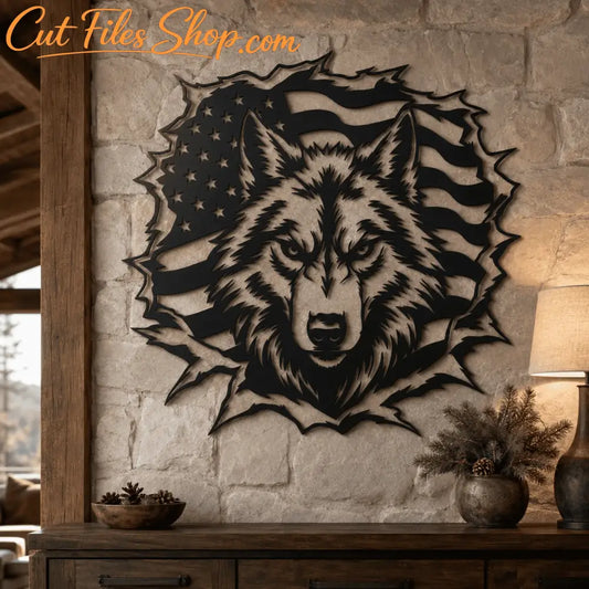 American wolf SVG and DXF design featuring the USA flag