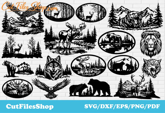 Animals scenes dxf for Laser and Plasma cutting, oval nature scenes for decor making, dxf for cnc, wildlife scenes svg for cricut - Cut Files Shop