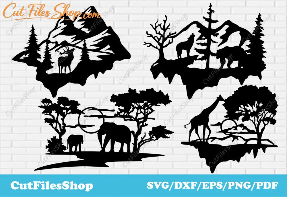 Animals scenes dxf for laser cutting, Mountains scenes svg for cricut, Decor Making dxf, Wall stickers making svg - Cut Files Shop