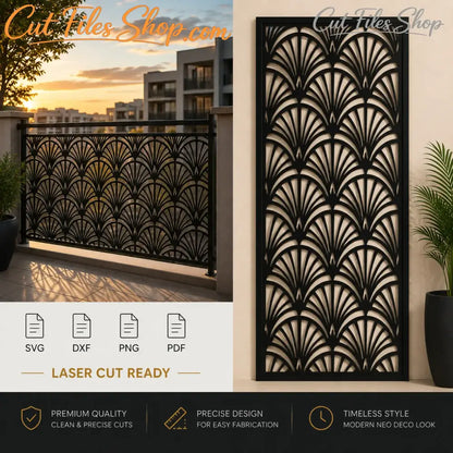 Art Deco balcony railing panel SVG DXF laser cut design for CNC plasma.