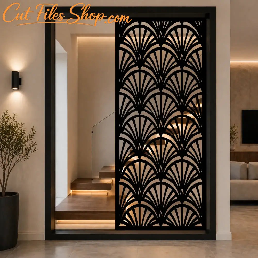 Decorative laser cut wall panel with fan pattern design.