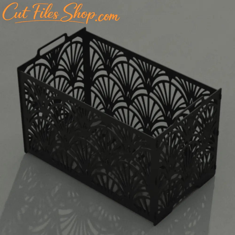 Decorative metal firewood holder with geometric Art Deco pattern