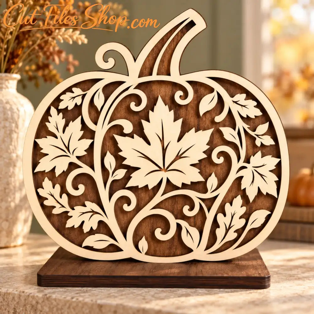 Side-angle preview of a pumpkin laser cut file for 6 mm plywood, showing the leaf pattern and separate display base.