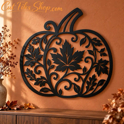 Digital pumpkin cutting files in SVG, DXF, EPS, PDF and PNG formats, with maple leaf and vine details.