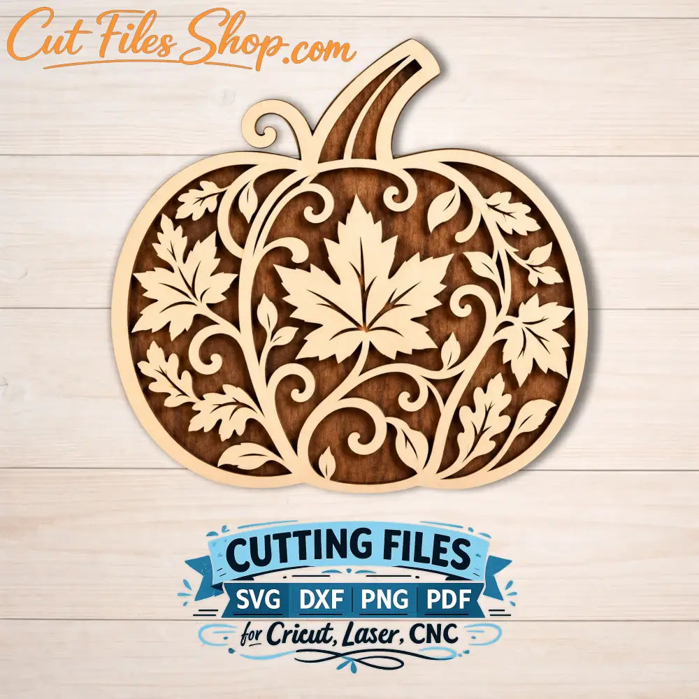 Leaf-pattern pumpkin file for laser cutting or CNC, shown as a finished decor example; no physical item included.