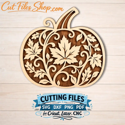Leaf-pattern pumpkin file for laser cutting or CNC, shown as a finished decor example; no physical item included.