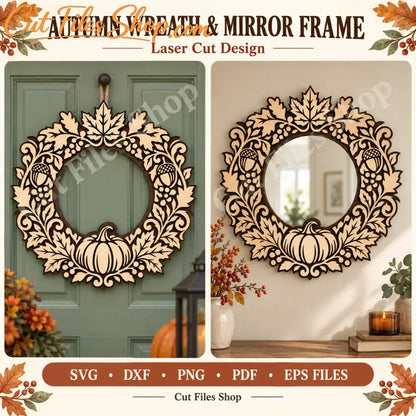 Autumn wreath and round mirror frame made from laser-cut plywood with pumpkin, acorns and maple leaves.