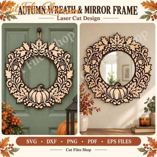 Autumn wreath and round mirror frame made from laser-cut plywood with pumpkin, acorns and maple leaves.