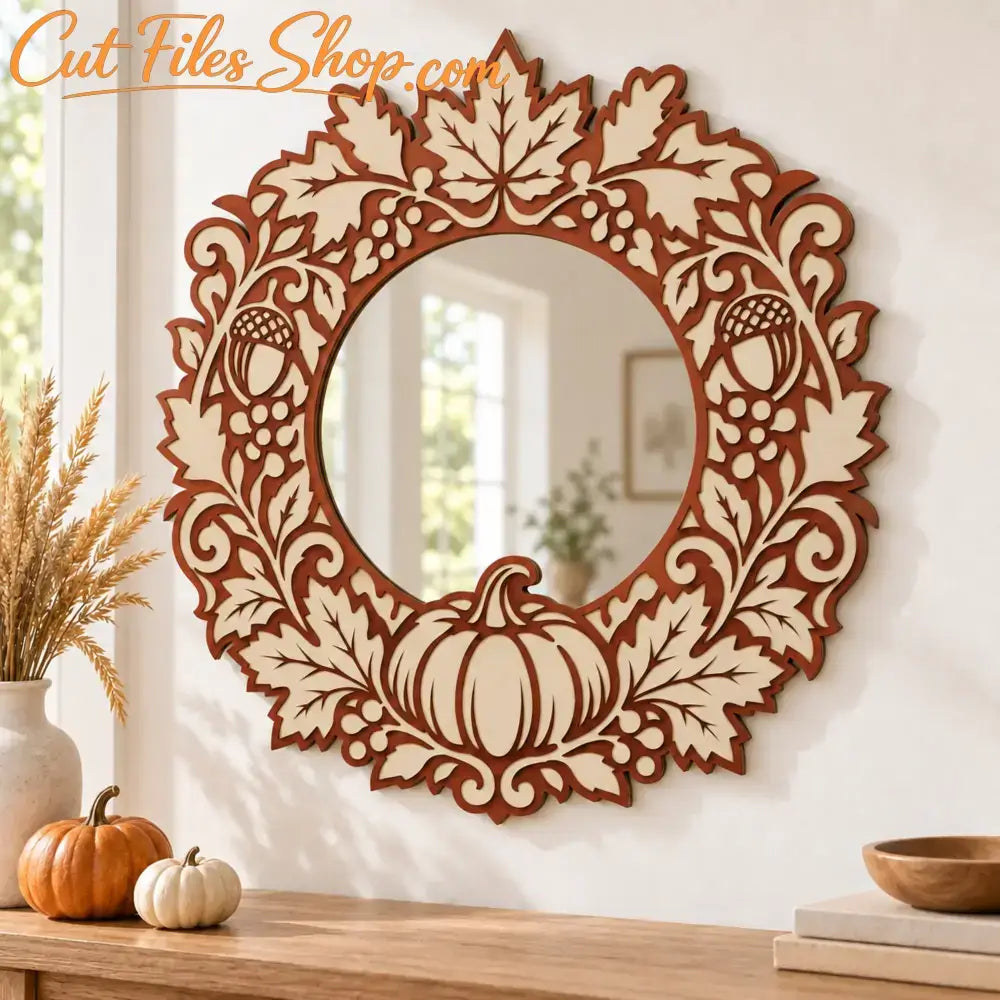 Autumn wreath SVG DXF laser cut design for plywood door hangers and seasonal wall decor.