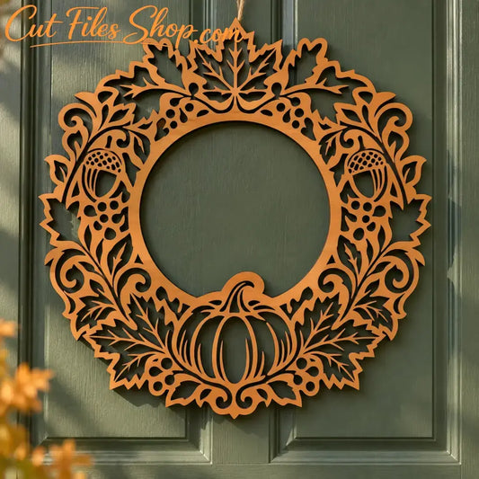 Decorative fall mirror frame featuring a pumpkin, acorns, berries, oak leaves and ornamental vines.