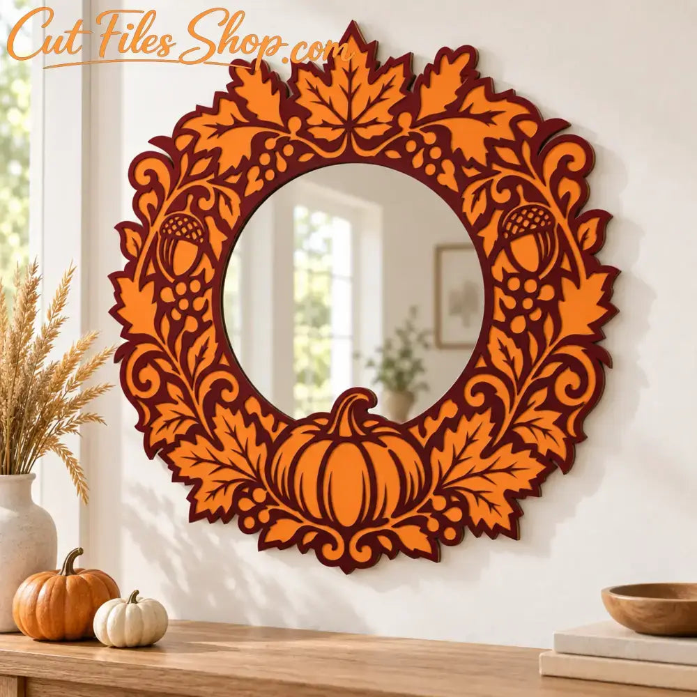 Laser-cut autumn plywood wreath displayed on a green front door with an open circular center.
