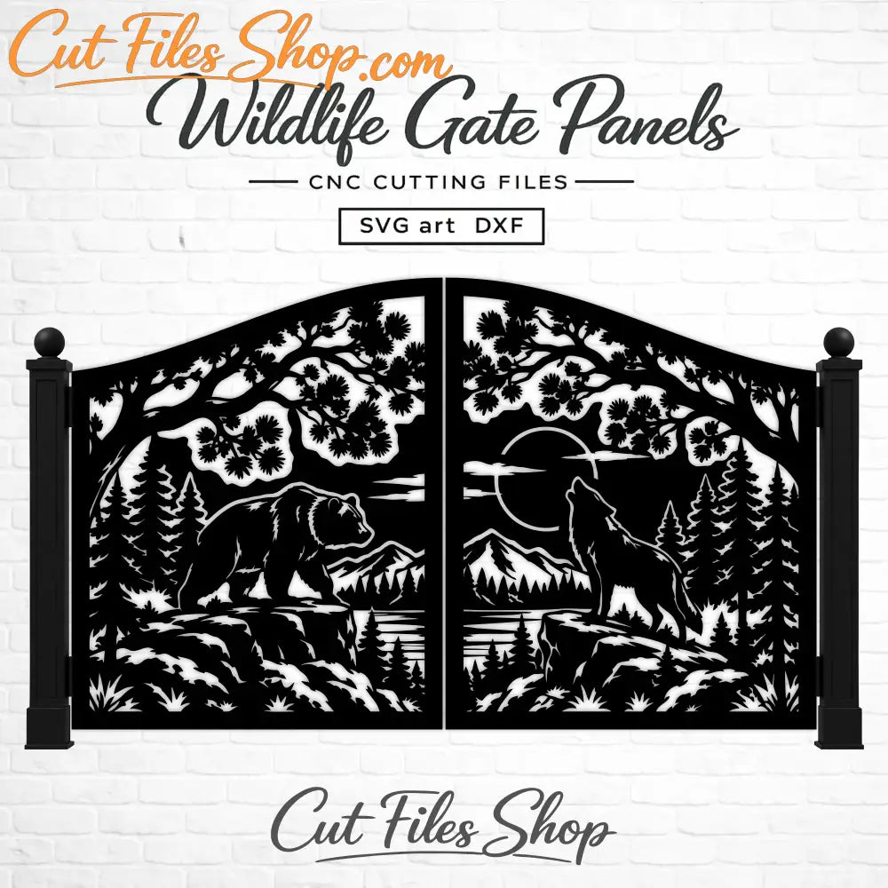 Wildlife metal driveway gate with bear wolf mountains and pine trees