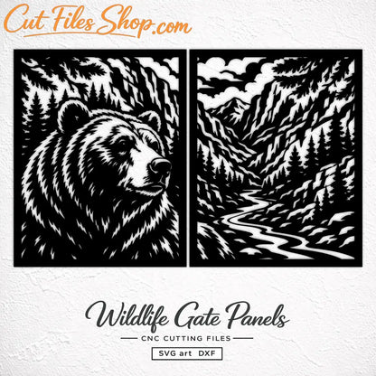 Bear gate DXF SVG with mountain forest and river landscape