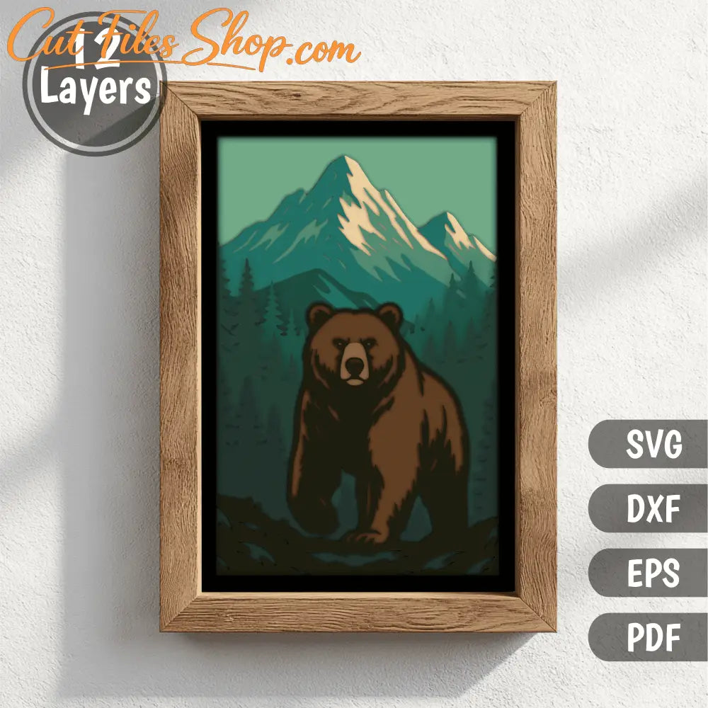 Bear in the mountains 3D shadow box layered SVG DXF EPS PDF design