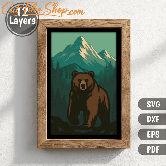 Bear in the mountains 3D shadow box layered SVG DXF EPS PDF design