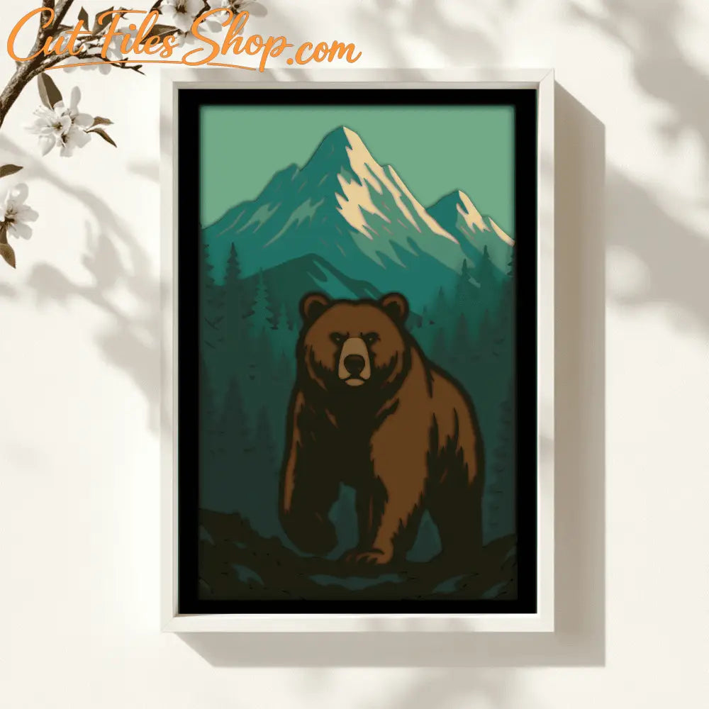 Nature wildlife 3D shadow box with pine trees and mountain scene
