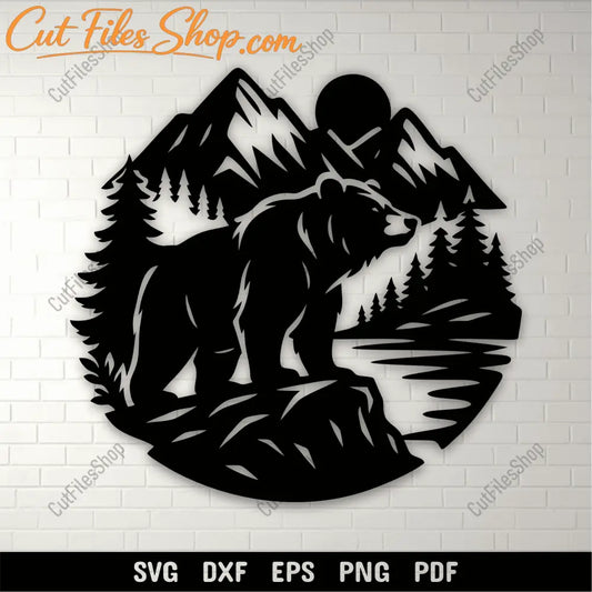 Bear mountain scene SVG DXF PNG for CNC laser cutting