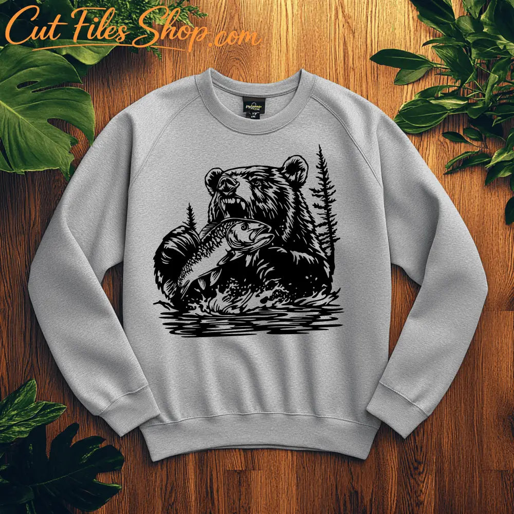 Bear with fish in mouth Svg for Cricut Silhouette Cut files Bear DXF for CNC Sublimation Design - Digital Artwork