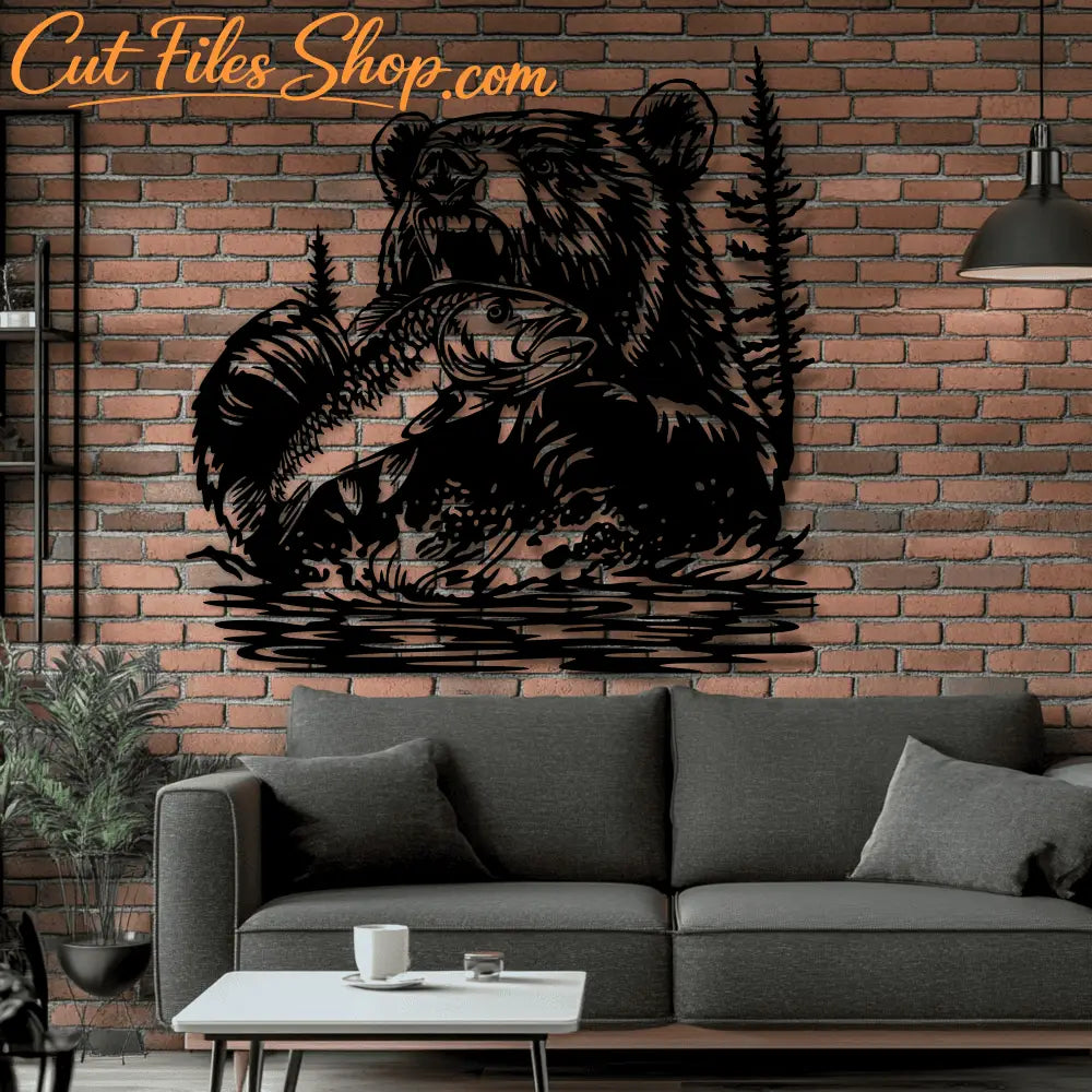 Bear with Fish SVG, DXF, PNG | Cricut, Silhouette, CNC cutting files for funny animal crafts and sublimation designs. Bear Wall decor - Cut Files Shop
