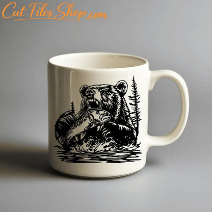 Bear with Fish SVG bundle with funny and cute bear designs. Ideal for Cricut, Silhouette, and CNC users. Bear Cup design, DTF print