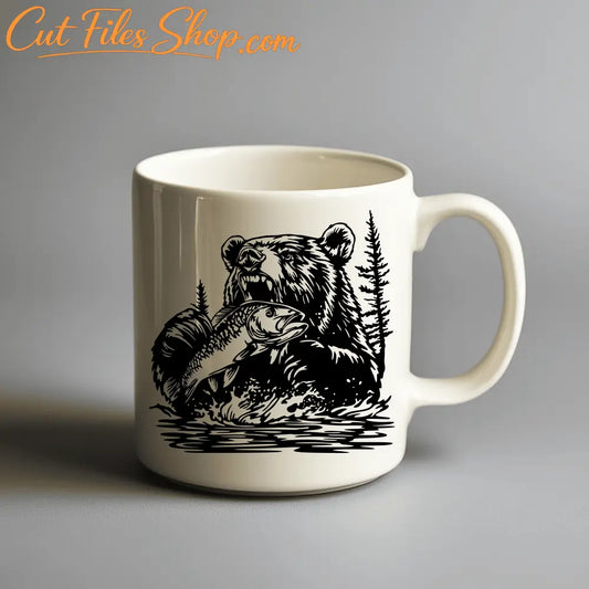Bear with Fish SVG bundle with funny and cute bear designs. Ideal for Cricut, Silhouette, and CNC users. Bear Cup design, DTF print