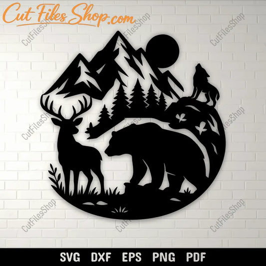 Wildlife mountain scene SVG DXF PNG with deer bear wolf