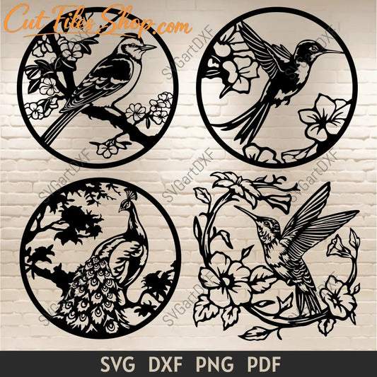 Floral bird SVG bundle featuring hummingbirds, a peacock and a woodpecker in four decorative cut-file designs.