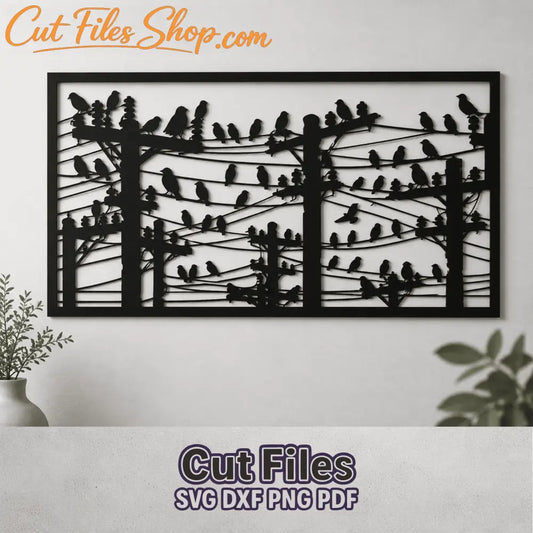 Birds on power lines SVG DXF laser cut metal wall art panel featuring utility poles, electrical wires and detailed bird silhouettes.