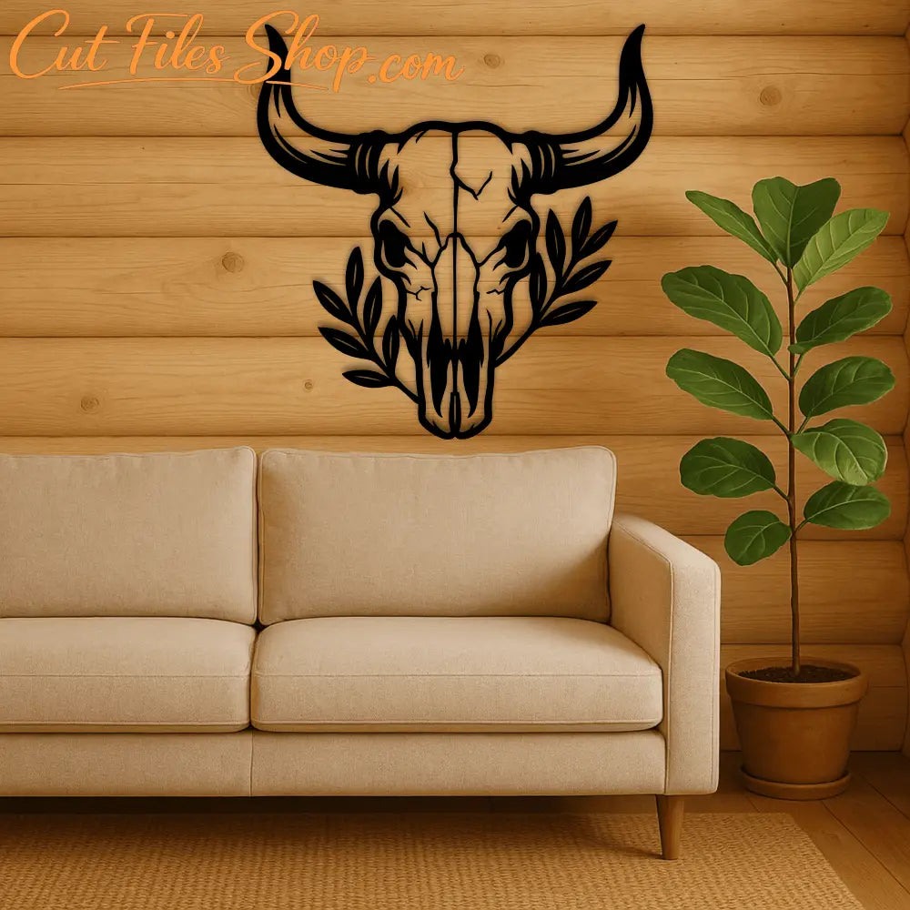 Bull skull outline with leaves for crafts