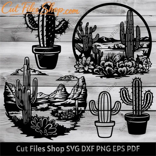 Cactus scenes dxf for Laser, Cactus svg for Cricut, cactus cut files, Desert Scene Svg, Silhouette cut files - Cut Files Shop